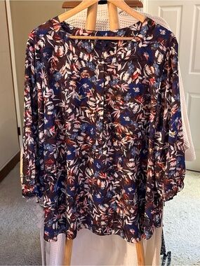 NYDJ Floral Print 3/4 Sleeve Blouse in Brown, Navy, Blue, White 3X
